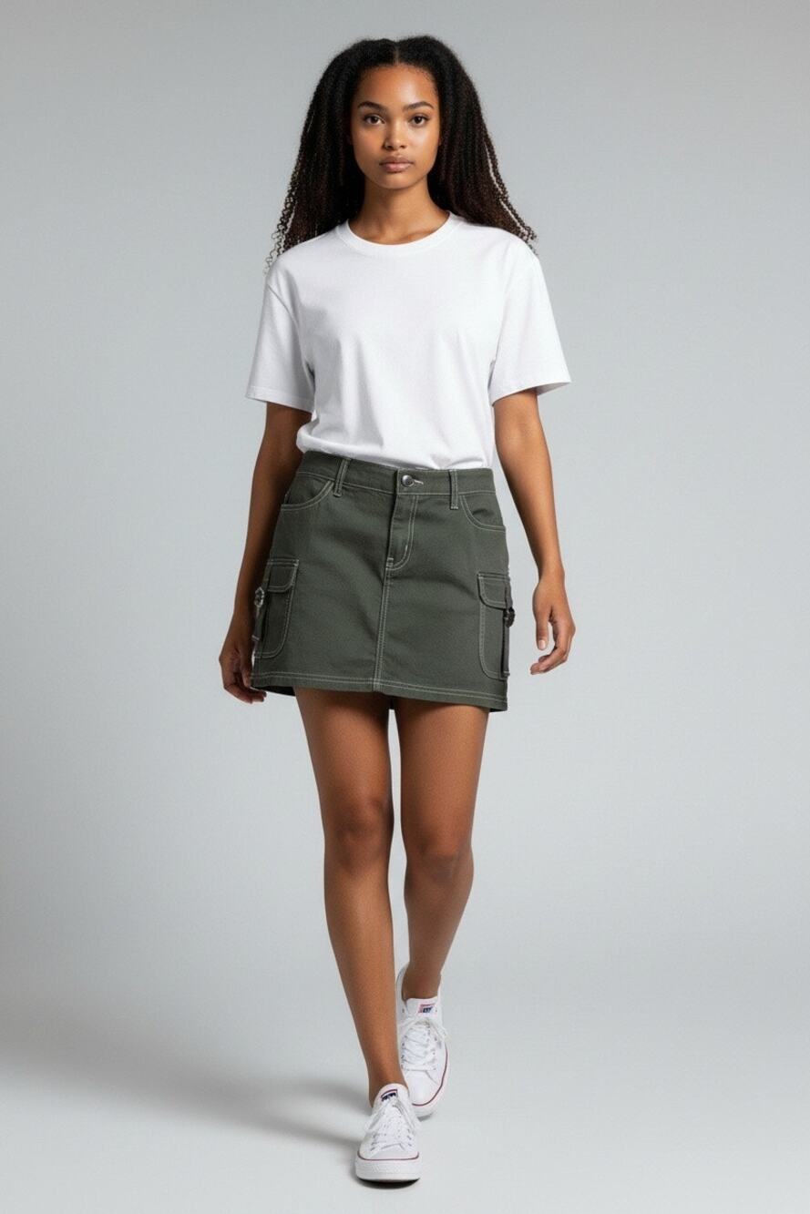 Wild Fable Olive Green Denim Cargo Mini Skirt with Contrast Stitching - Size 2